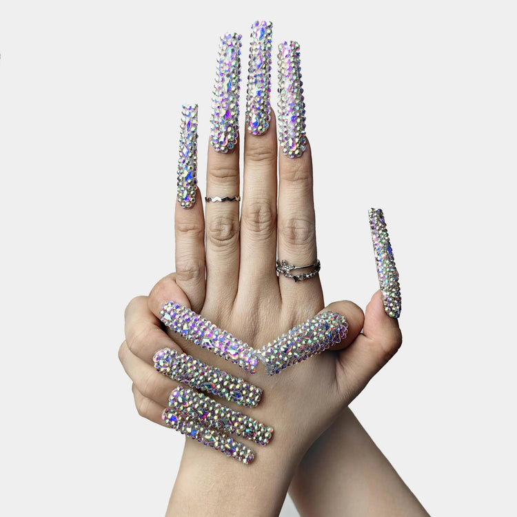 GGddsha 2025 Long Novel Design And Reusable PMMAAcrylic Press On Nails Handmade Nails Full CoverLuxurious 3D Crystal False Nails With Box Gifts,Stellar Shine SmartPaws