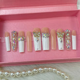 GGDDSHA Nails Press On Nails Medium Fake Nails FalseNails With 3D Flower Designs Nail Press Ons French TipHandmade Acrylic Artificial Nails Summer Natural Stick OnNails For WomenOpal Whisper SmartPaws