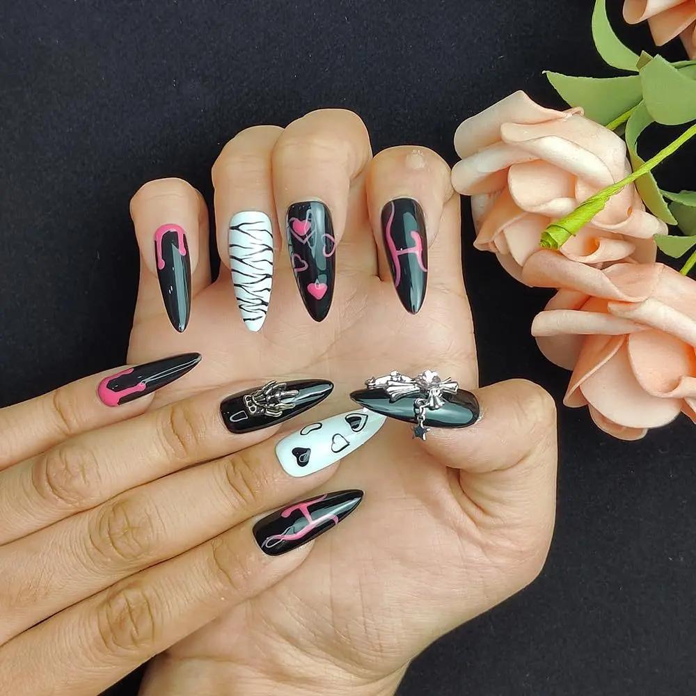 GGddsha Dark Series Pure Handmade Pressed Full StickMedium Almond Nails Hand Painted Designs ReusablePMMA Acrylic Press On Nails With Rhinestones Fake Nailsw Box Ladies Gifts,Eclipse Sketch SmartPaws