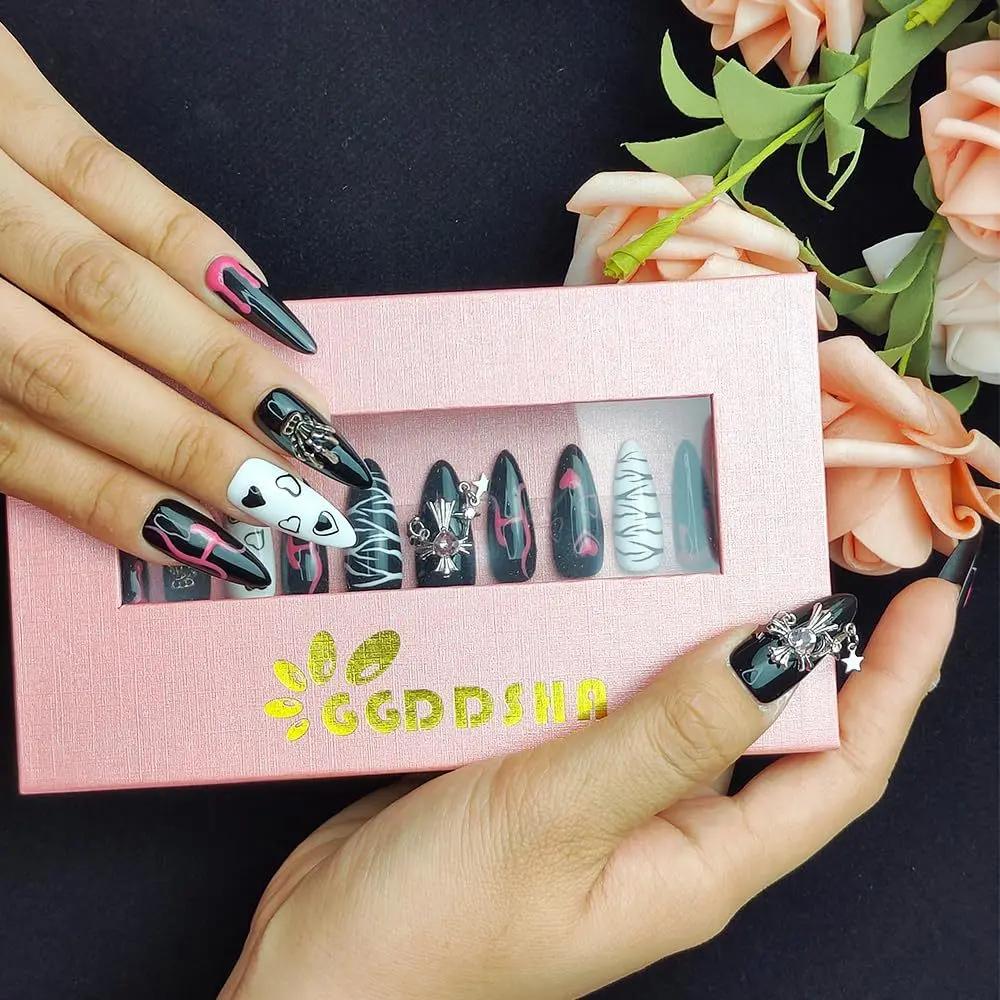 GGddsha Dark Series Pure Handmade Pressed Full StickMedium Almond Nails Hand Painted Designs ReusablePMMA Acrylic Press On Nails With Rhinestones Fake Nailsw Box Ladies Gifts,Eclipse Sketch SmartPaws