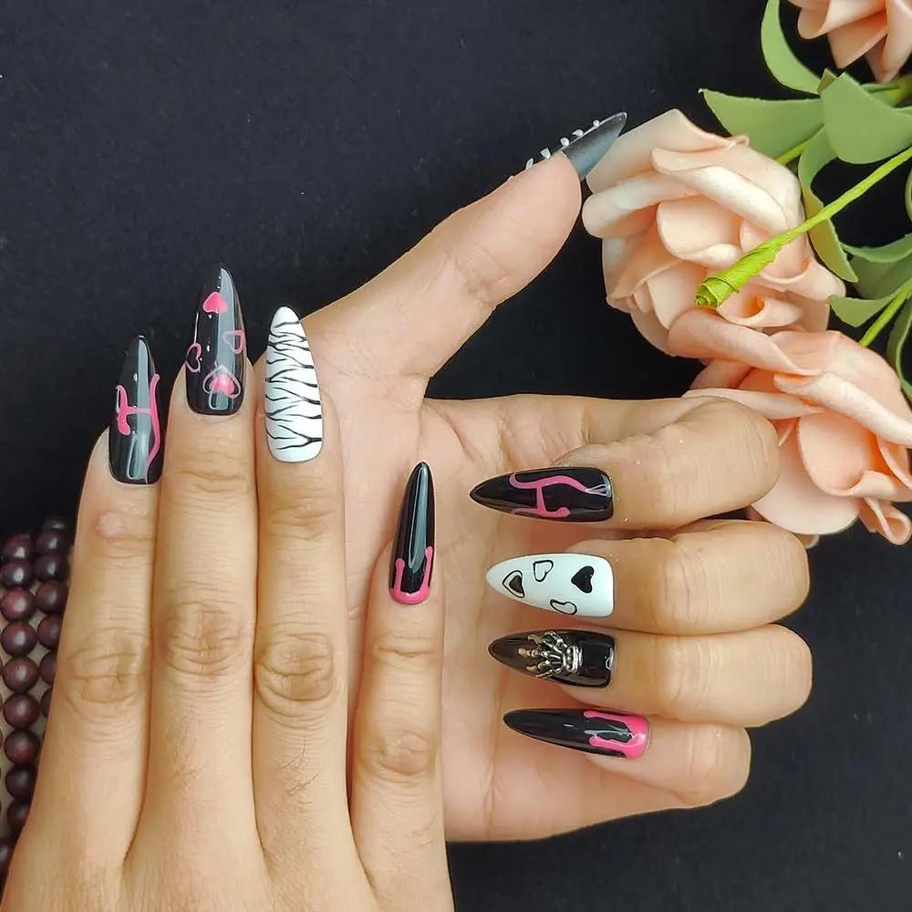 GGddsha Dark Series Pure Handmade Pressed Full StickMedium Almond Nails Hand Painted Designs ReusablePMMA Acrylic Press On Nails With Rhinestones Fake Nailsw Box Ladies Gifts,Eclipse Sketch SmartPaws