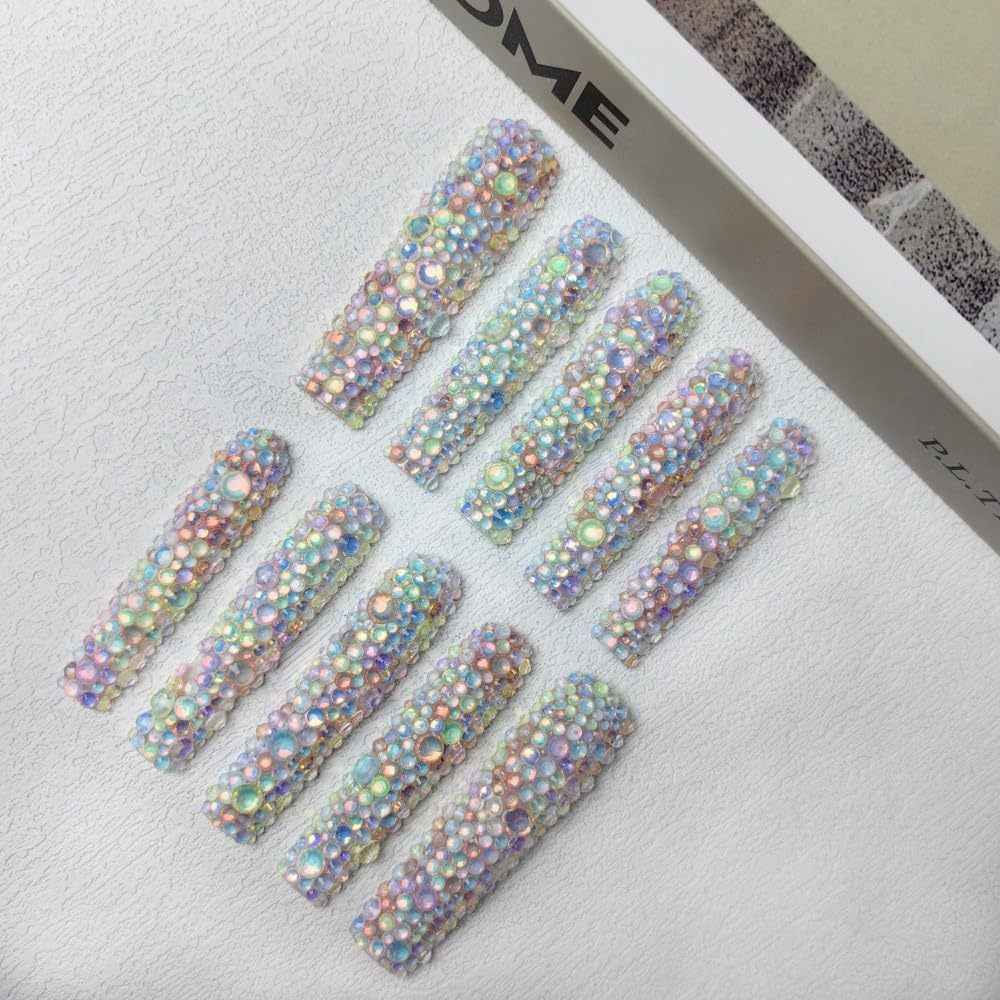 GGddsha 2025 Long Novel Design And Reusable HandmadePMMA Acrylic Press On Nails Full Coverage Candy 3D CrystaFake Nails With Box Gifts For Women,Pastel Galaxy