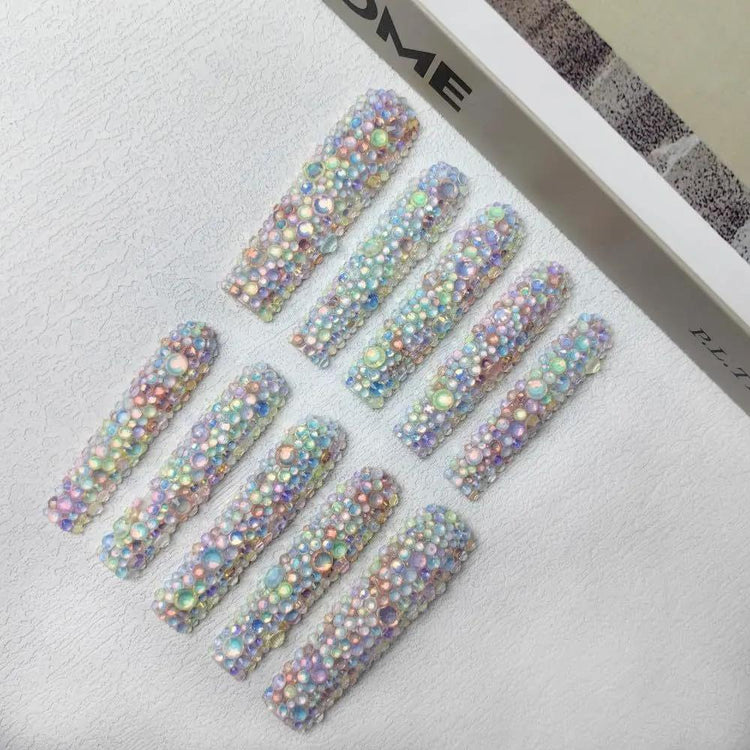 GGddsha 2025 Long Novel Design And Reusable HandmadePMMA Acrylic Press On Nails Full Coverage Candy 3D CrystaFake Nails With Box Gifts For Women,Pastel Galaxy SmartPaws