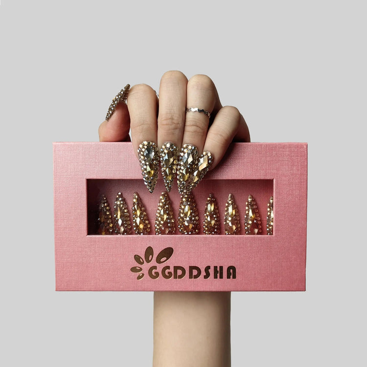 GGddsha Full Diamond Medium Almond Press On NailsReusable PMMA Acrylic Handmade Nails Full Deluxe 3DCrystal Fake Nails W Box Gift For Women,Crown Jewel SmartPaws