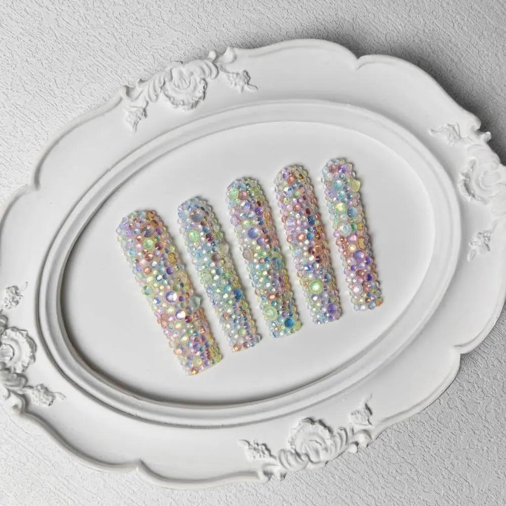 GGddsha 2025 Long Novel Design And Reusable HandmadePMMA Acrylic Press On Nails Full Coverage Candy 3D CrystaFake Nails With Box Gifts For Women,Pastel Galaxy SmartPaws