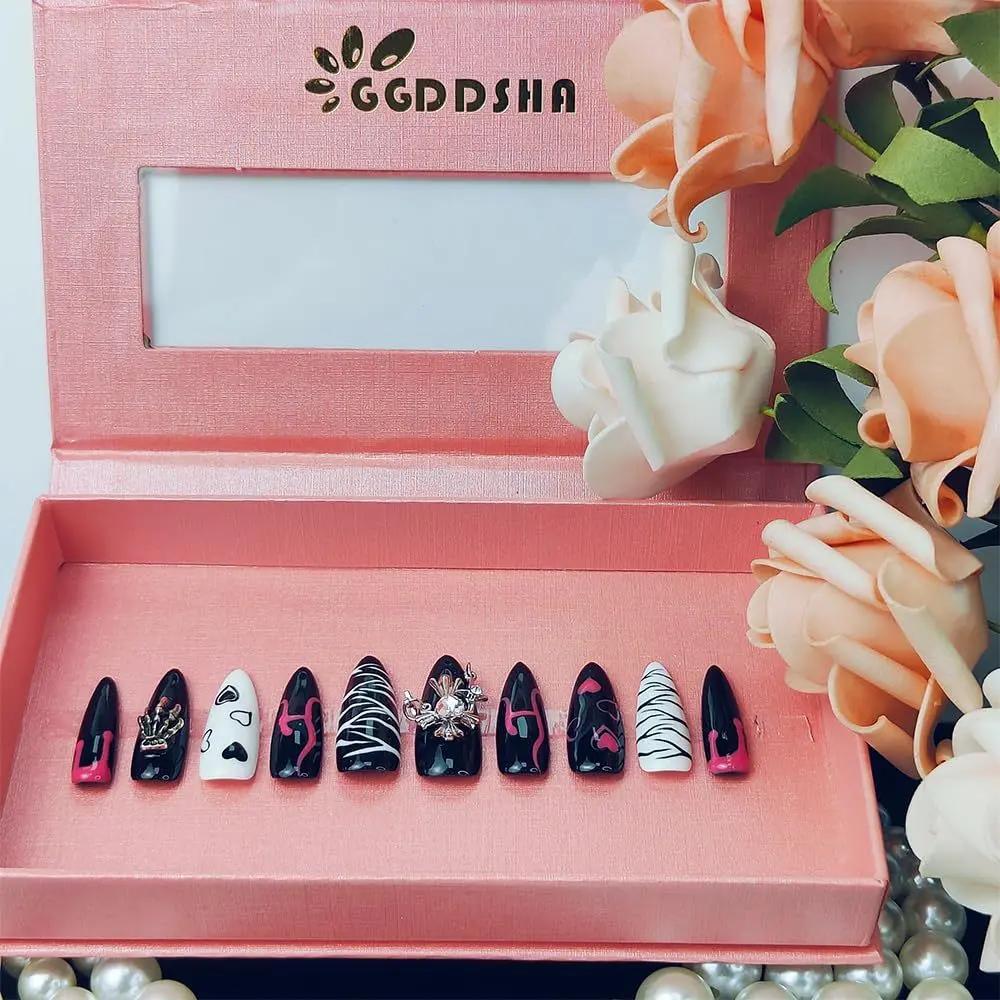 GGddsha Dark Series Pure Handmade Pressed Full StickMedium Almond Nails Hand Painted Designs ReusablePMMA Acrylic Press On Nails With Rhinestones Fake Nailsw Box Ladies Gifts,Eclipse Sketch SmartPaws