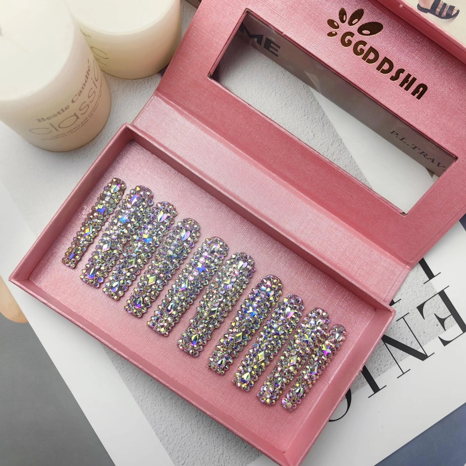GGddsha 2025 Long Novel Design And Reusable PMMAAcrylic Press On Nails  Handmade Nails Full CoverLuxurious 3D Crystal False Nails With Box Gifts,Stellar Shine SmartPaws