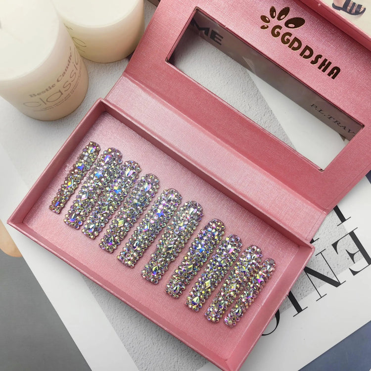 GGddsha 2025 Long Novel Design And Reusable PMMAAcrylic Press On Nails  Handmade Nails Full CoverLuxurious 3D Crystal False Nails With Box Gifts,Stellar Shine SmartPaws