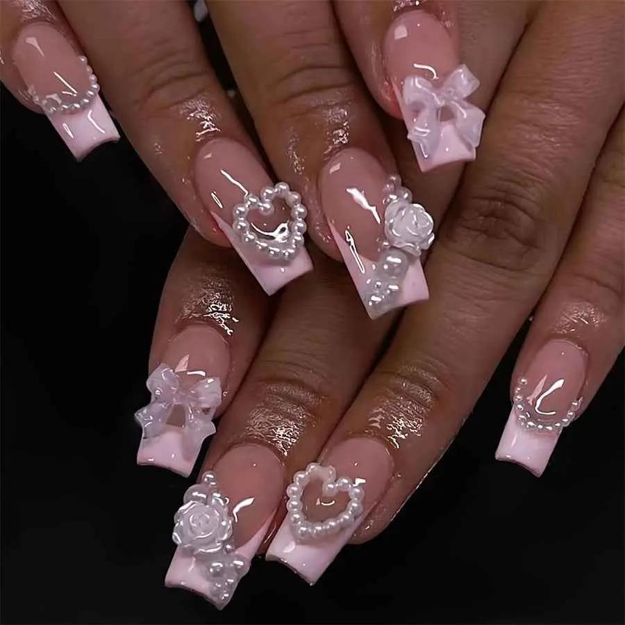 French Love Pearl Fake Nails Removable Nail Stickers