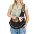 Carrying Pets Bag Outdoor Cross body Bag For Dogs and Cats with a woman and a small dog inside.