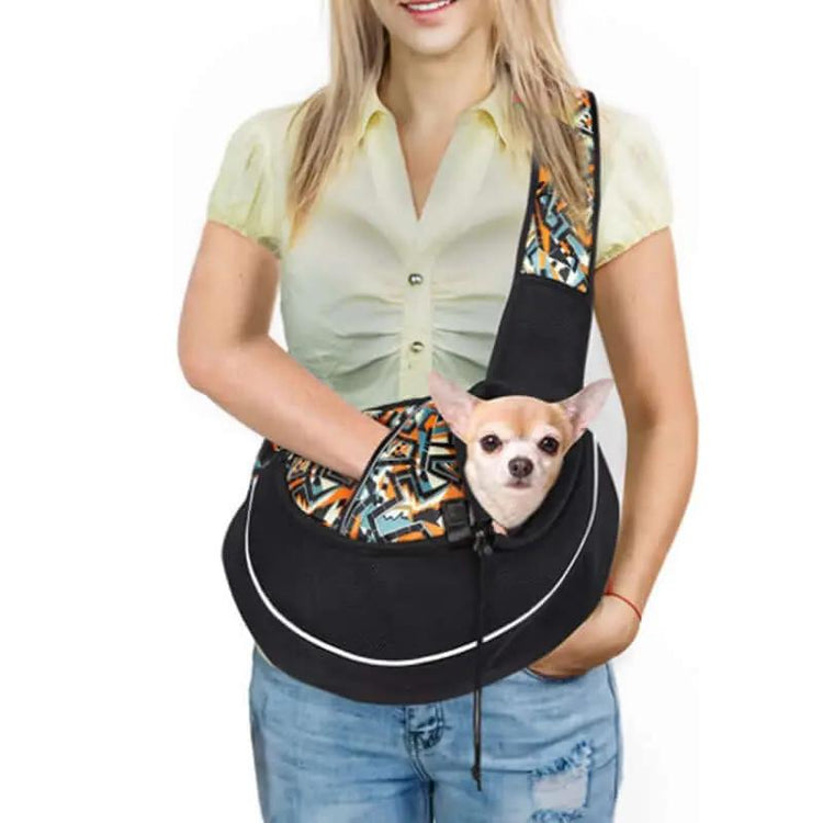 Carrying Pets Bag Outdoor Cross body Bag For Dogs and Cats with a woman and a small dog inside.