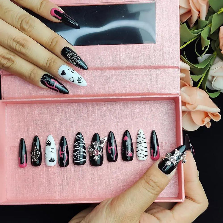 GGddsha Dark Series Pure Handmade Pressed Full StickMedium Almond Nails Hand Painted Designs ReusablePMMA Acrylic Press On Nails With Rhinestones Fake Nailsw Box Ladies Gifts,Eclipse Sketch SmartPaws