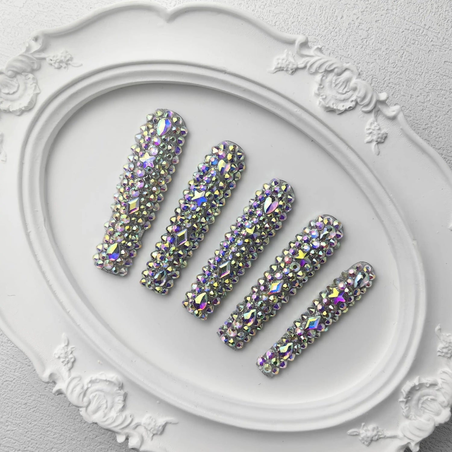 GGddsha 2025 Long Novel Design And Reusable PMMAAcrylic Press On Nails  Handmade Nails Full CoverLuxurious 3D Crystal False Nails With Box Gifts,Stellar Shine SmartPaws