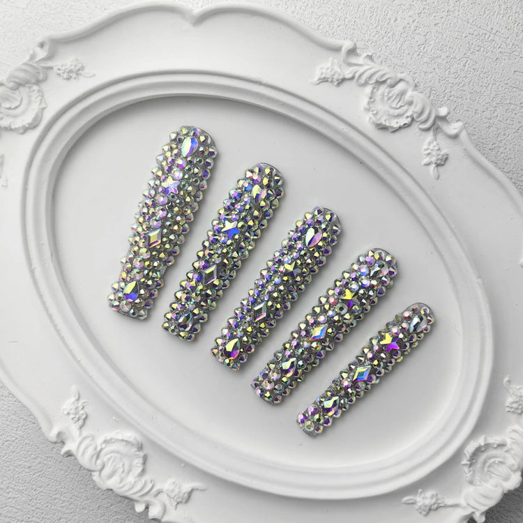 GGddsha 2025 Long Novel Design And Reusable PMMAAcrylic Press On Nails  Handmade Nails Full CoverLuxurious 3D Crystal False Nails With Box Gifts,Stellar Shine SmartPaws