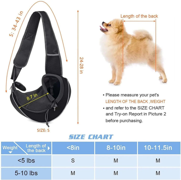 Carrying Pets Bag Outdoor Cross body Bag For Dogs and Cats with size chart and dog on the side.