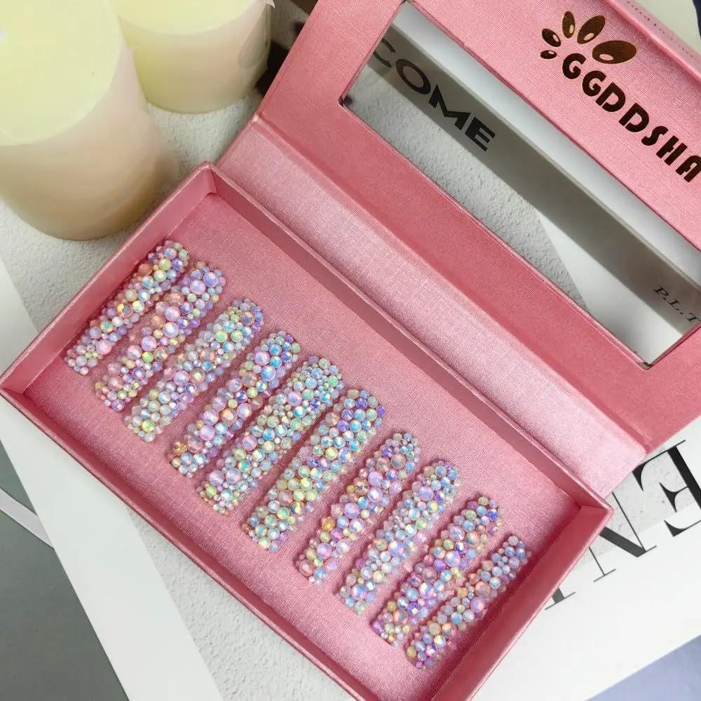 GGddsha 2025 Long Novel Design And Reusable HandmadePMMA Acrylic Press On Nails Full Coverage Candy 3D CrystaFake Nails With Box Gifts For Women,Pastel Galaxy SmartPaws
